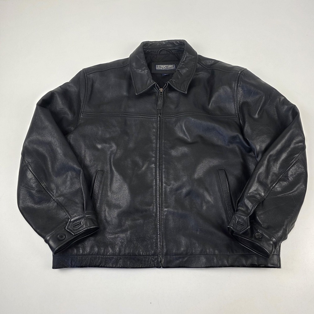 Structure Jacket Mens XL Black Leather Bomber Quilted Lined Zip Front Pockets